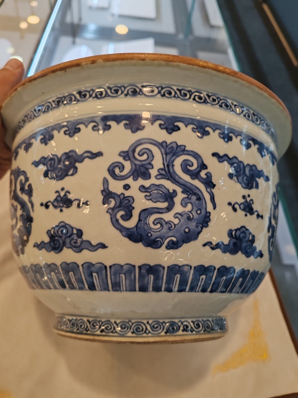 古玩陶瓷清康熙時期青花香草龍紋花盆拍賣，當前價格58000元