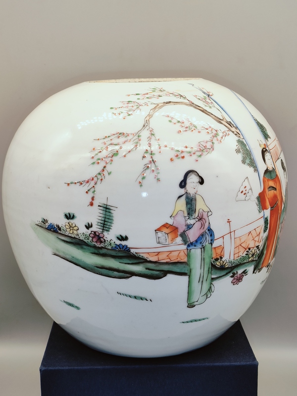 古玩陶瓷民國(guó)，雙玉讀曲紋粉彩詩(shī)文西瓜罐拍賣(mài)，當(dāng)前價(jià)格950元