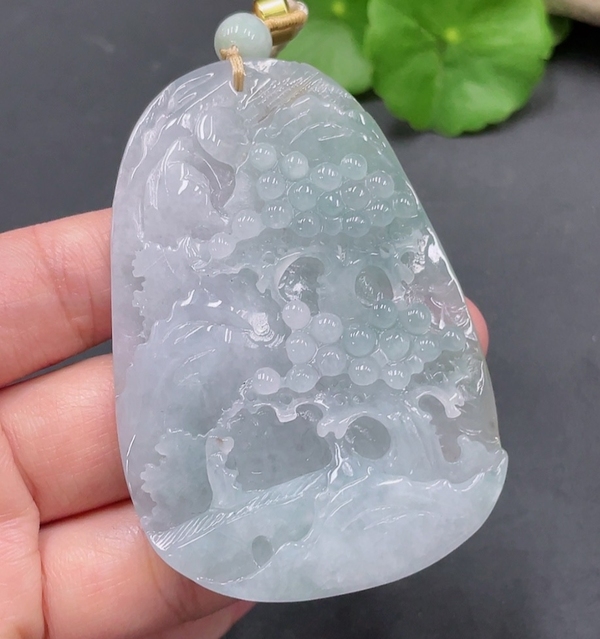 古玩玉器天然翡翠山水牌(帶鑒定證書)拍賣，當前價格1680元