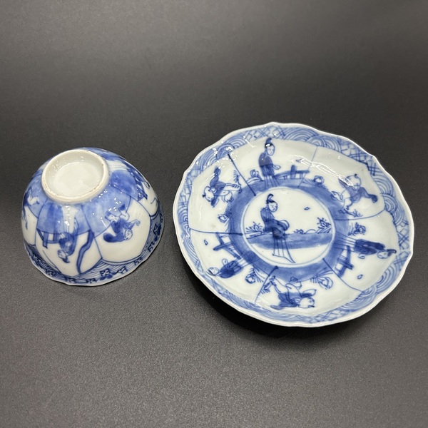 古玩陶瓷清康熙青花三娘教子圖杯碟拍賣，當前價格3200元