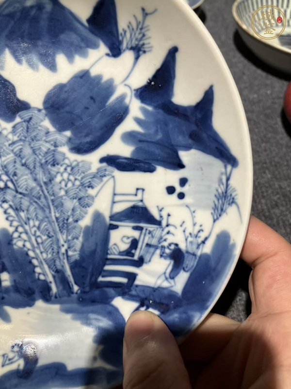 古玩陶瓷樵漁耕讀山水紋青花盤真品鑒賞圖