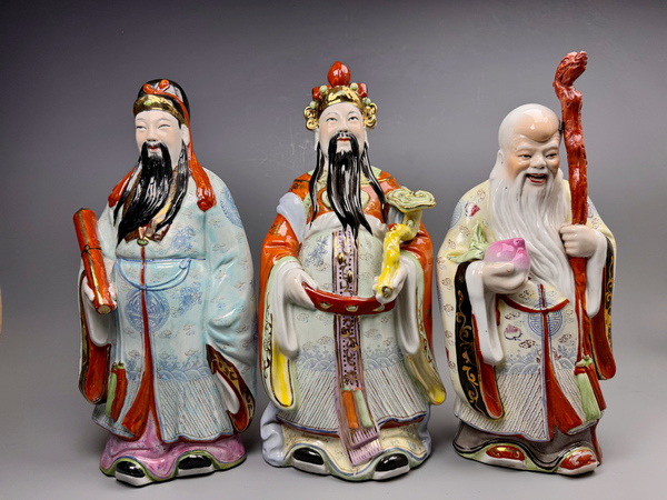 古玩陶瓷解放初期·粉彩福祿壽三星造像一組拍賣,當前價格188元