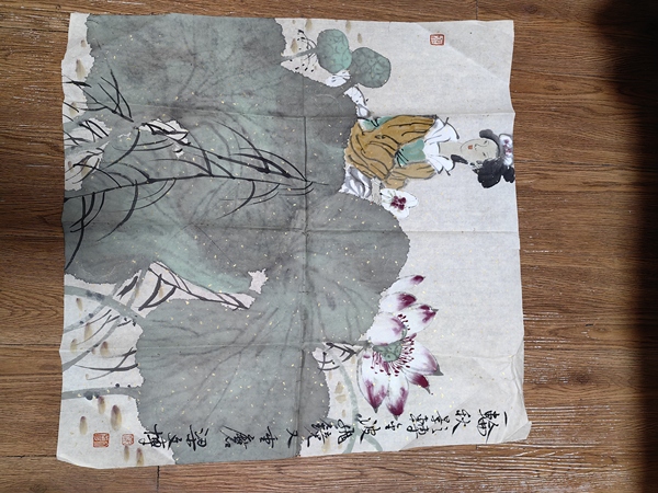 古玩字畫梁文博荷花仕女拍賣,當前價格2499元