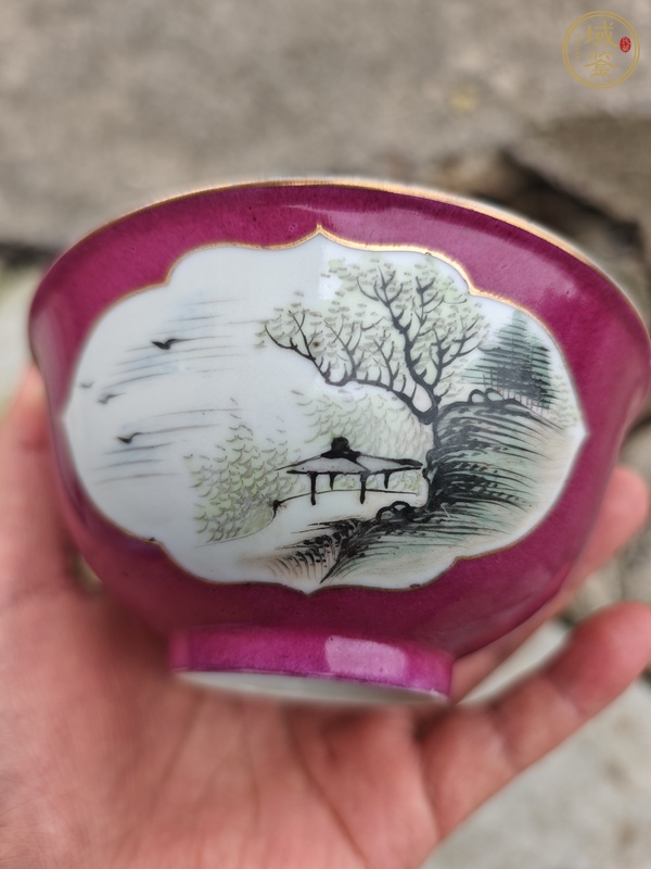 古玩陶瓷胭脂紅開光山水紋碗真品鑒賞圖