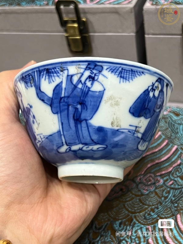 古玩陶瓷三星高照圖青花蓋杯真品鑒賞圖