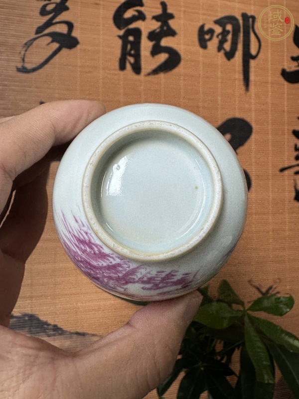 古玩陶瓷胭脂紅山水人物仰鐘杯真品鑒賞圖