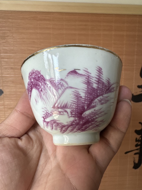 古玩陶瓷胭脂紅山水人物仰鐘杯（一對）拍賣，當前價格1000元