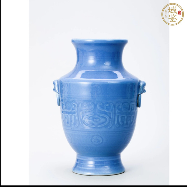 古玩陶瓷天青釉模印花卉雙耳尊真品鑒賞圖