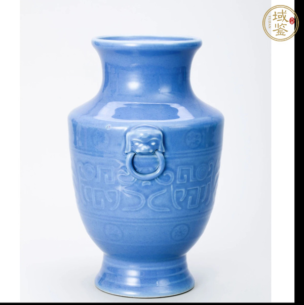 古玩陶瓷天青釉模印花卉雙耳尊真品鑒賞圖