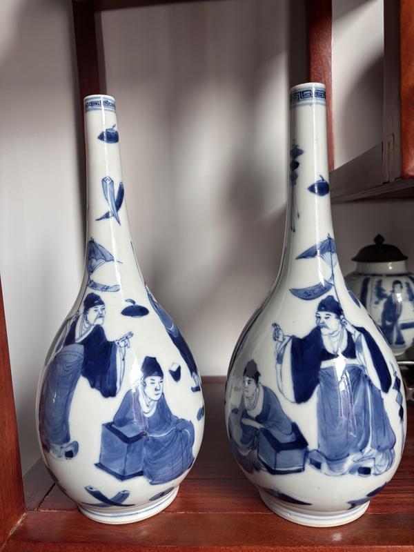 古玩陶瓷清光緒 青花市井人物故事膽瓶一對拍賣，當前價格12988元