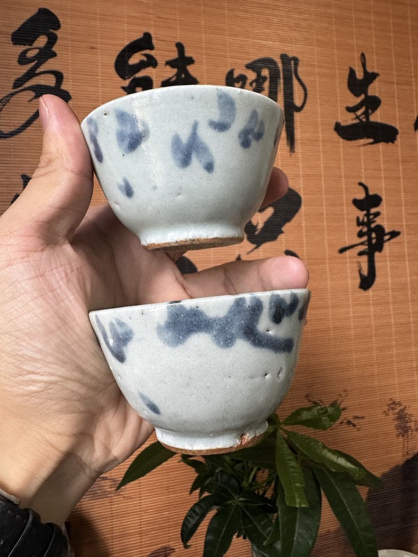 古玩陶瓷明末青花杯(一對)拍賣,當前價格499元