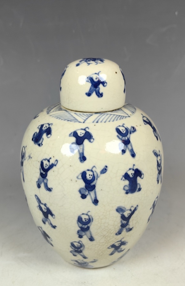 古玩陶瓷晚清青花百子圖煨瓷罐拍賣，當(dāng)前價格7777元