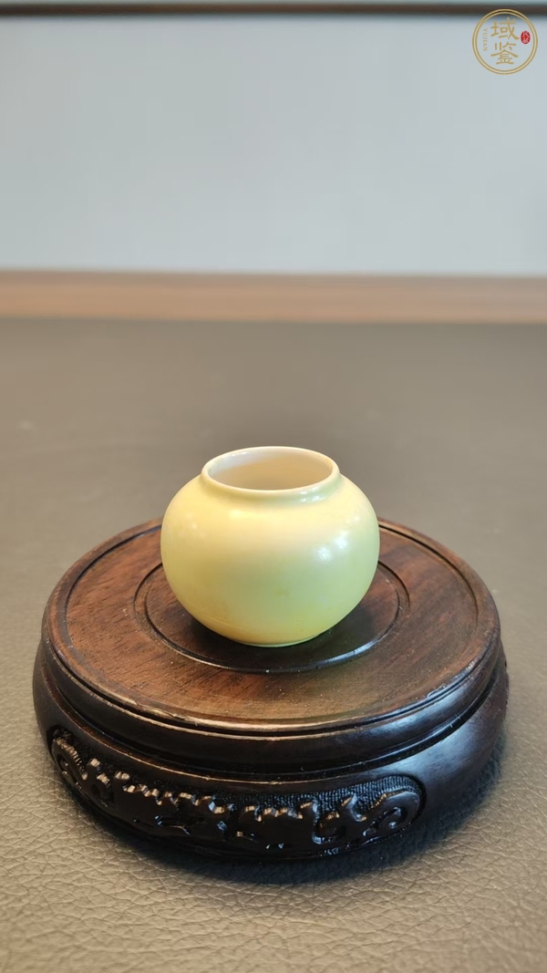 古玩陶瓷民國(guó)淡黃釉薄胎繡眼鳥(niǎo)食杯真品鑒賞圖