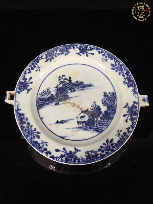 古玩陶瓷青花山水人物紋雙耳盤真品鑒賞圖