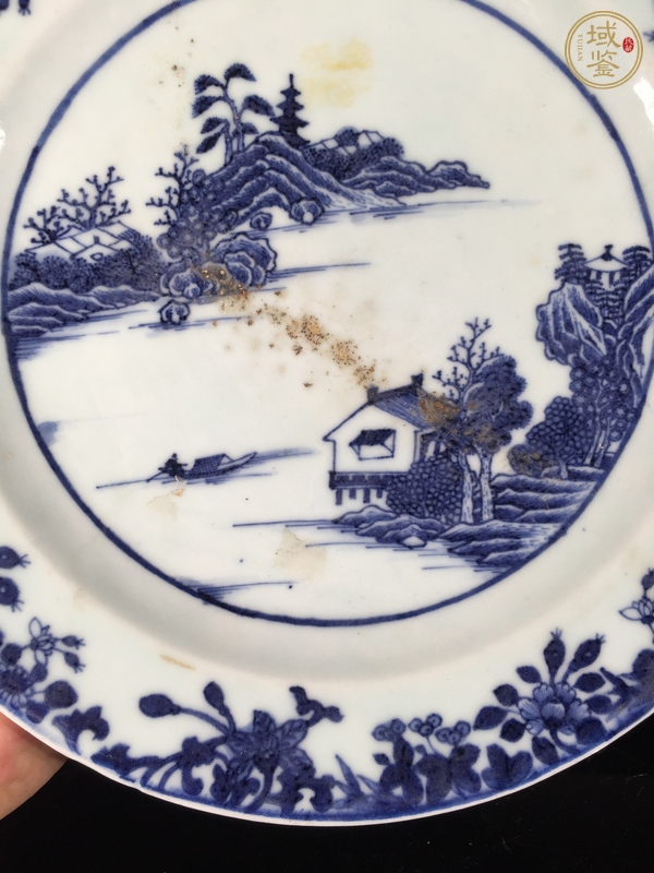 古玩陶瓷青花山水人物紋雙耳盤真品鑒賞圖