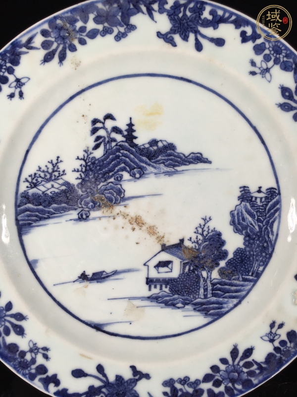 古玩陶瓷青花山水人物紋雙耳盤真品鑒賞圖