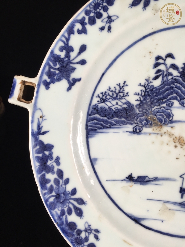 古玩陶瓷青花山水人物紋雙耳盤真品鑒賞圖