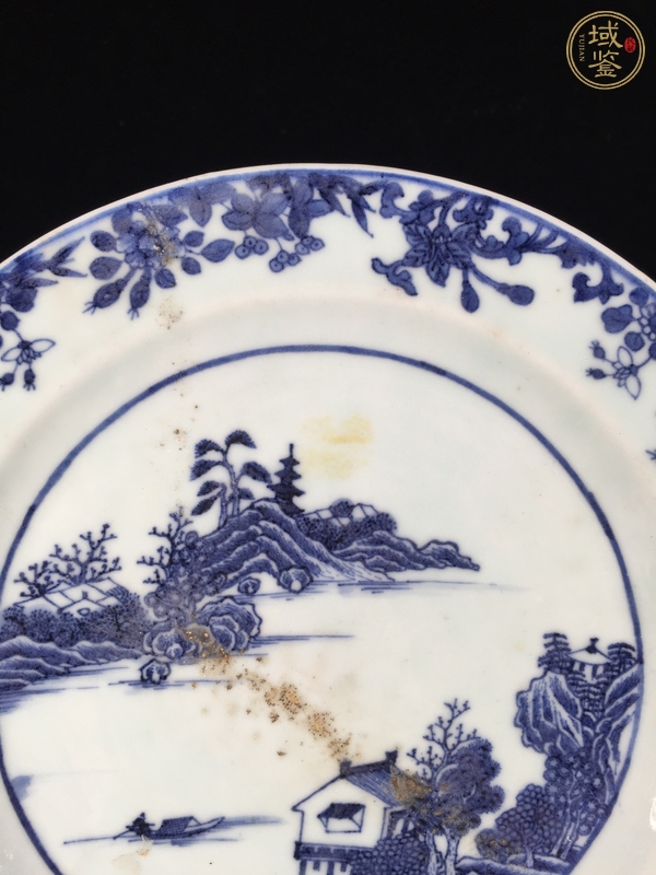 古玩陶瓷青花山水人物紋雙耳盤真品鑒賞圖