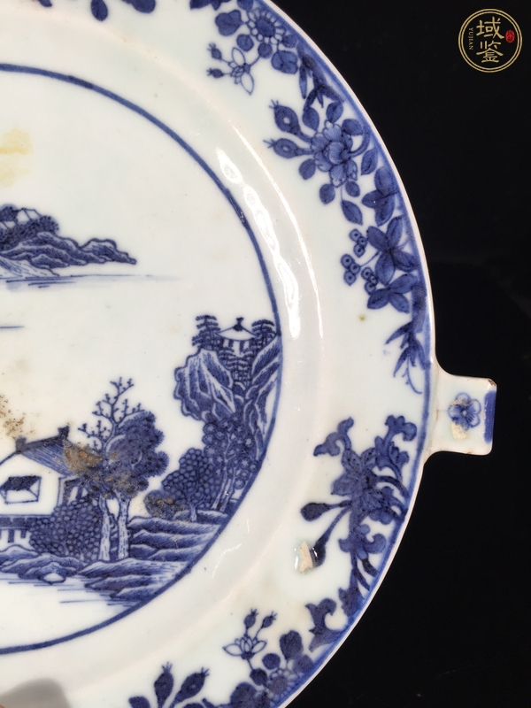 古玩陶瓷青花山水人物紋雙耳盤真品鑒賞圖