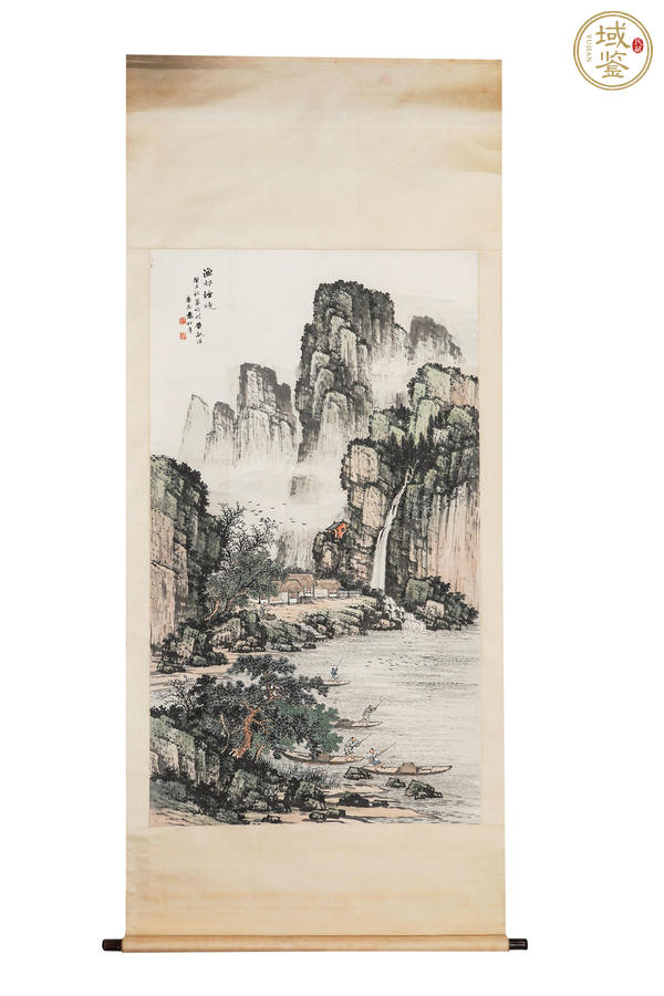 古玩袁松年小青綠山水漁村煙曉真品鑒賞圖