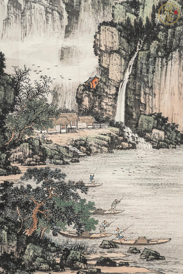 古玩字畫袁松年小青綠山水漁村煙曉真品鑒賞圖