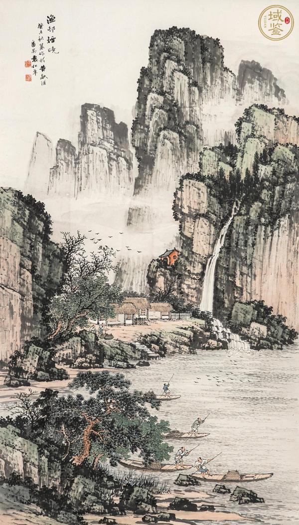 古玩字畫袁松年小青綠山水漁村煙曉真品鑒賞圖