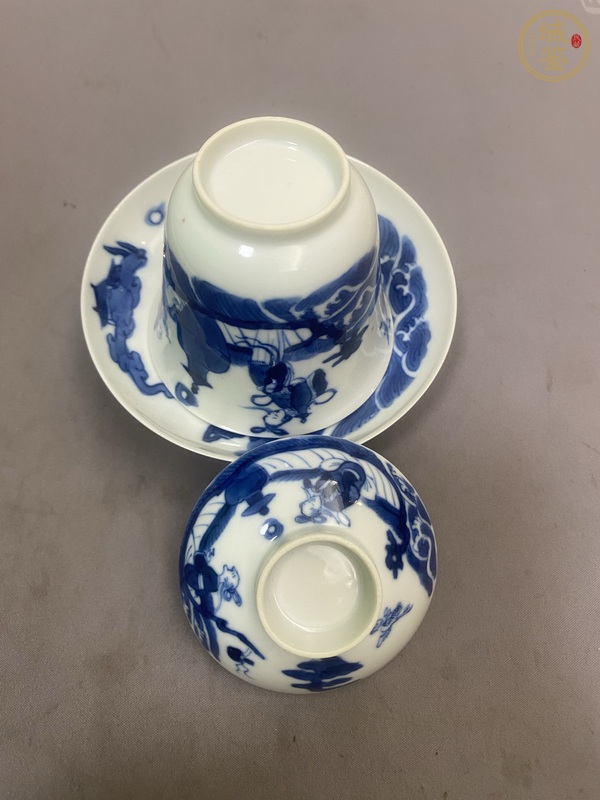 古玩陶瓷青花仙人乘槎圖蓋碗真品鑒賞圖