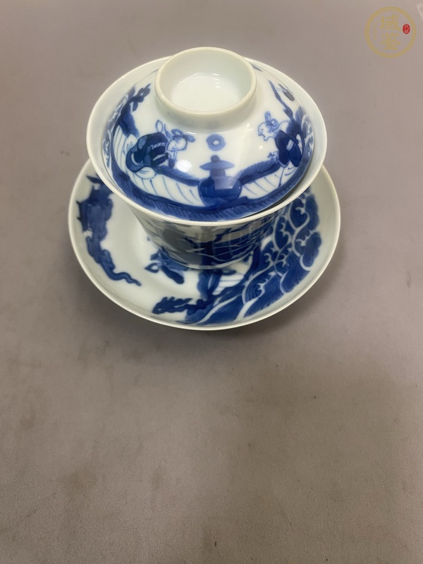 古玩陶瓷青花仙人乘槎圖蓋碗真品鑒賞圖
