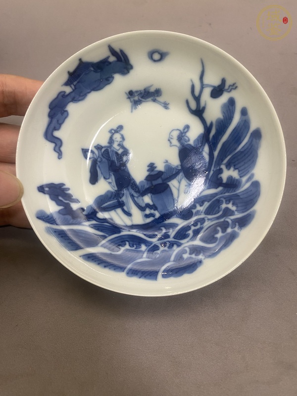 古玩陶瓷青花仙人乘槎圖蓋碗真品鑒賞圖