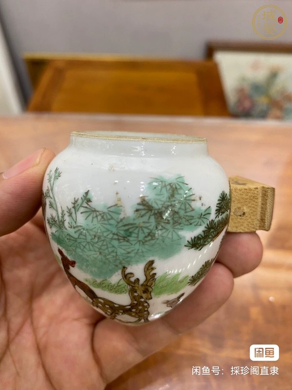 古玩陶瓷粉彩松鹿紋鳥食罐真品鑒賞圖