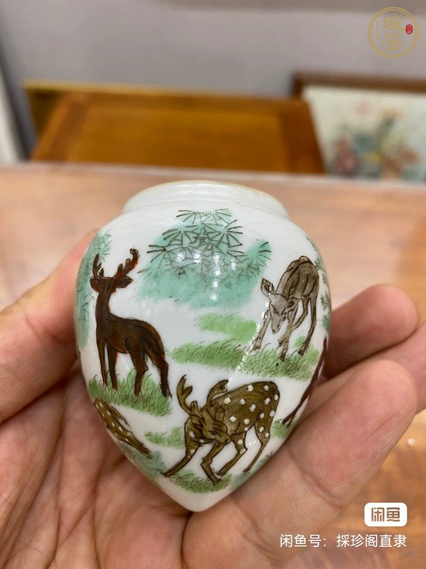 古玩陶瓷粉彩松鹿紋鳥食罐真品鑒賞圖