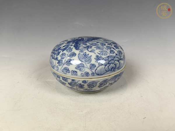 古玩陶瓷清中線描鳳青花銜靈芝穿花紋文房蓋盒真品鑒賞圖