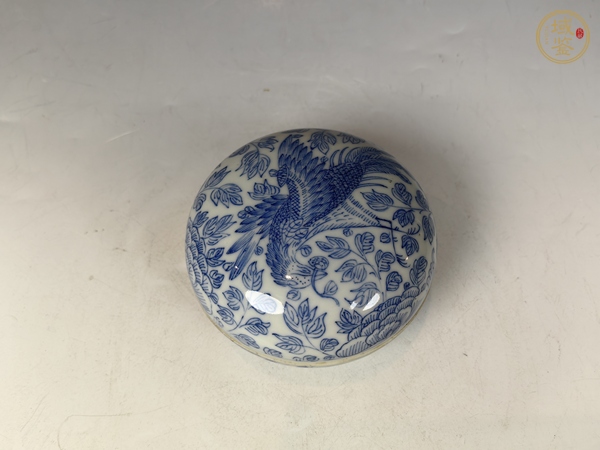 古玩陶瓷清中線描鳳青花銜靈芝穿花紋文房蓋盒真品鑒賞圖