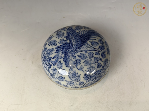 古玩陶瓷清中線描鳳青花銜靈芝穿花紋文房蓋盒真品鑒賞圖