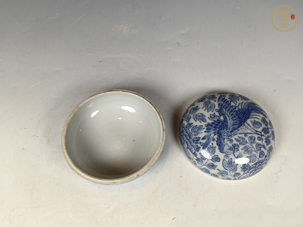 古玩陶瓷清中線描鳳青花銜靈芝穿花紋文房蓋盒真品鑒賞圖