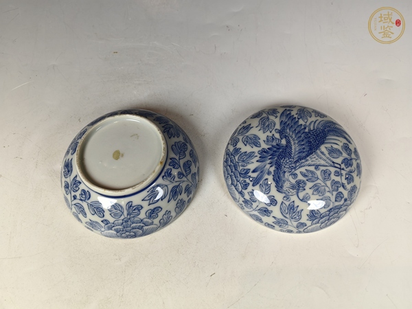 古玩陶瓷清中線描鳳青花銜靈芝穿花紋文房蓋盒真品鑒賞圖
