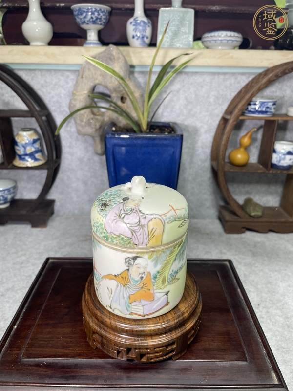 古玩陶瓷淺絳彩人物詩文蓋缸真品鑒賞圖
