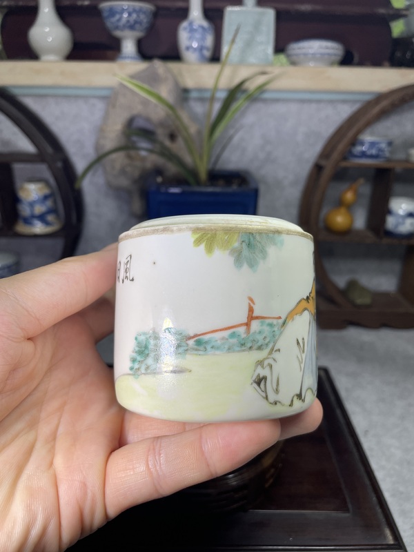 古玩陶瓷晚清名家淺絳彩人物詩文溫酒盅拍賣，當前價格2866元