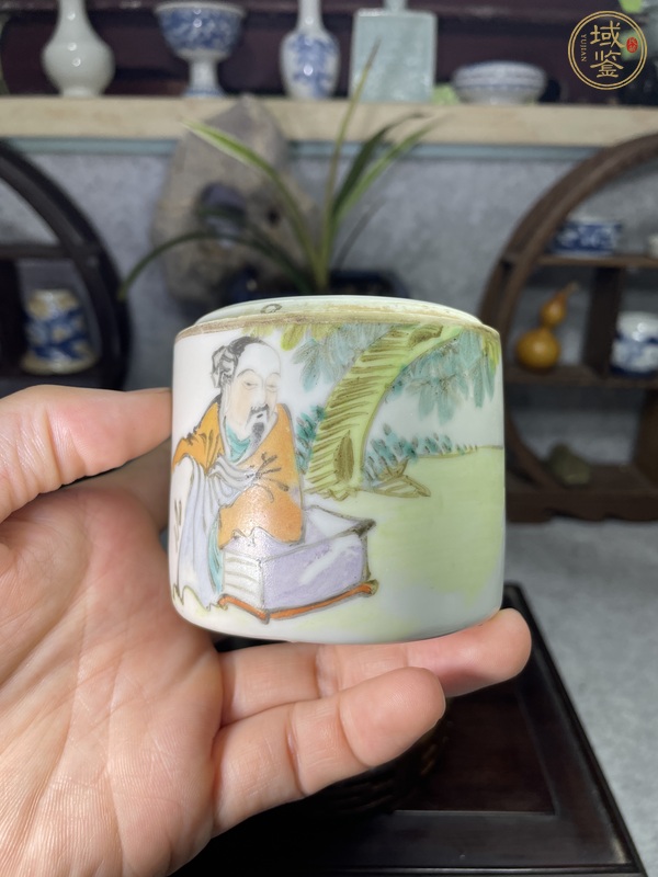 古玩陶瓷淺絳彩人物詩文蓋缸真品鑒賞圖