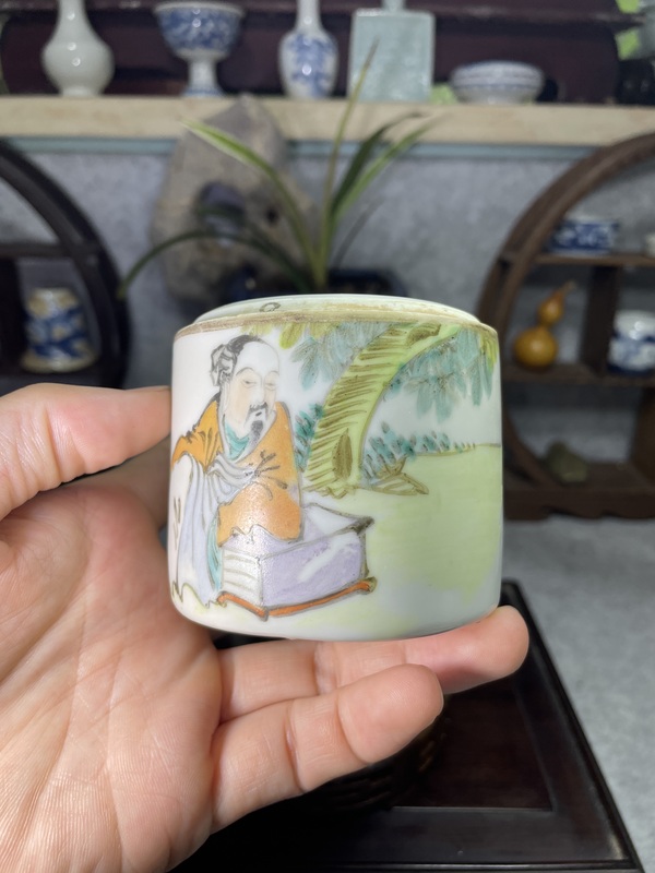 古玩陶瓷晚清名家淺絳彩人物詩文溫酒盅拍賣，當前價格2866元
