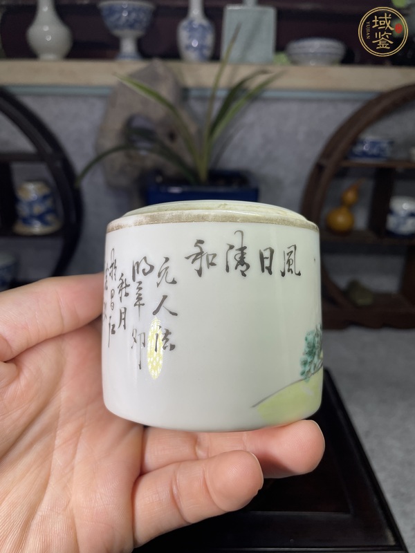 古玩陶瓷淺絳彩人物詩文蓋缸真品鑒賞圖