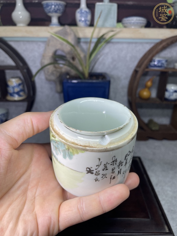 古玩陶瓷淺絳彩人物詩文蓋缸真品鑒賞圖