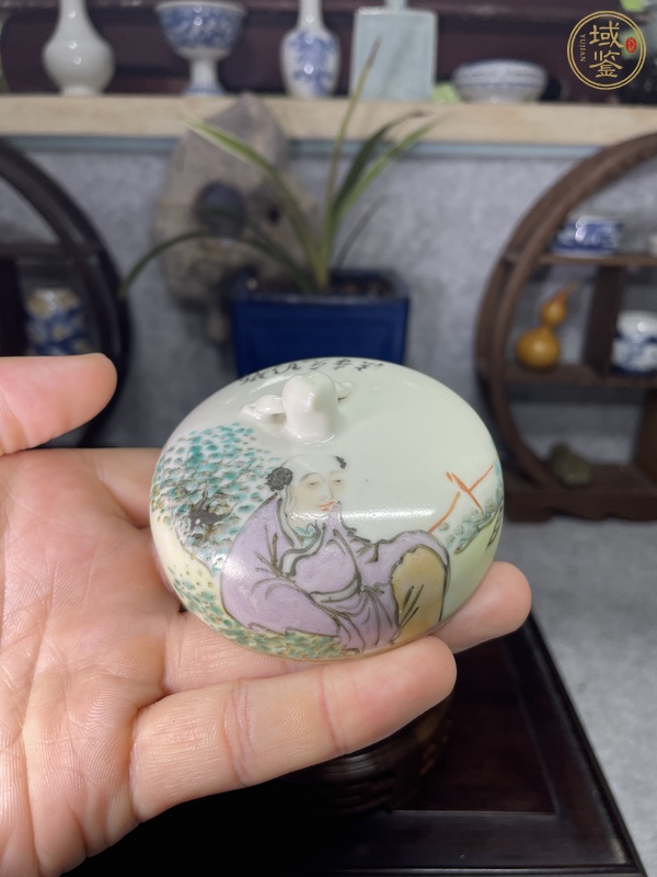 古玩陶瓷淺絳彩人物詩文蓋缸真品鑒賞圖