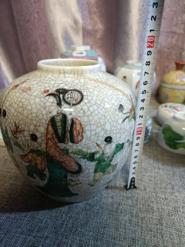 古玩陶瓷晚清哥釉五彩三娘教子圖罐拍賣，當前價格5888元
