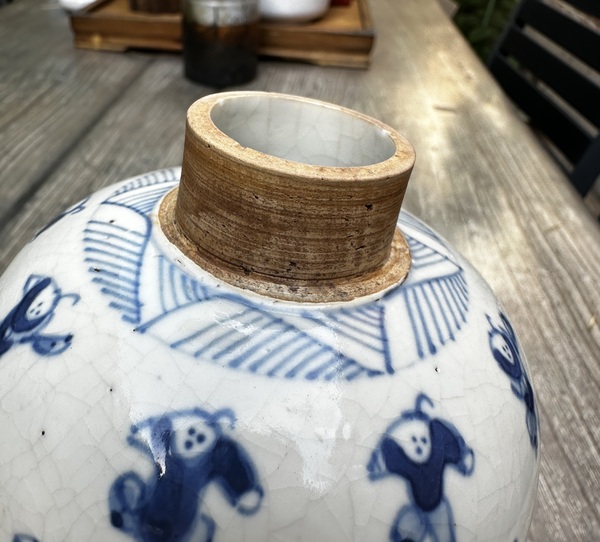 古玩陶瓷晚清青花百子圖煨瓷罐拍賣，當前價格7777元