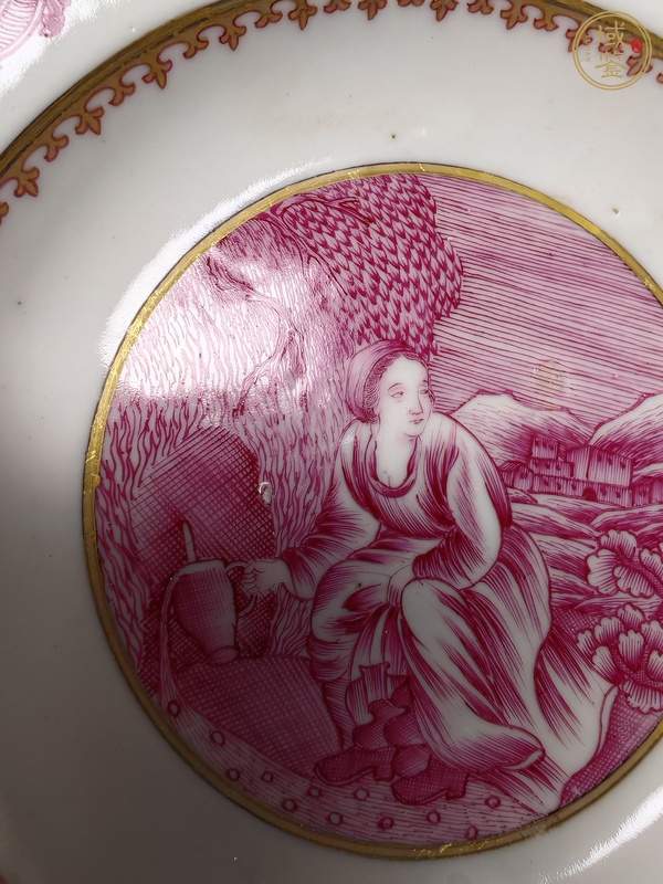 古玩陶瓷胭脂紅西洋人物盤真品鑒賞圖
