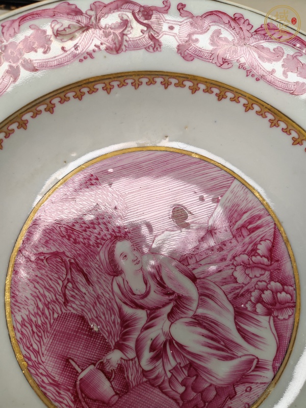 古玩陶瓷胭脂紅西洋人物盤真品鑒賞圖