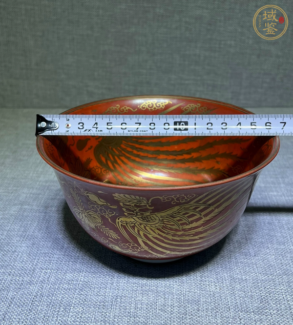 古玩陶瓷日本明治礬紅描金鳳紋茶碗真品鑒賞圖