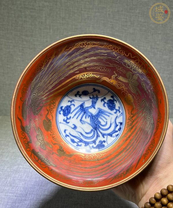 古玩陶瓷日本明治礬紅描金鳳紋茶碗真品鑒賞圖