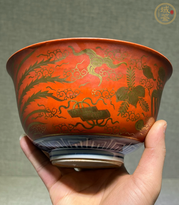 古玩陶瓷日本明治礬紅描金鳳紋茶碗真品鑒賞圖